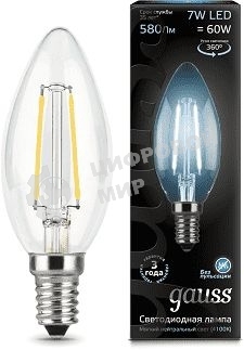 Лампа светодиодная Gauss LED Filament Свеча E14 7W 580lm 4100К 1/10/50