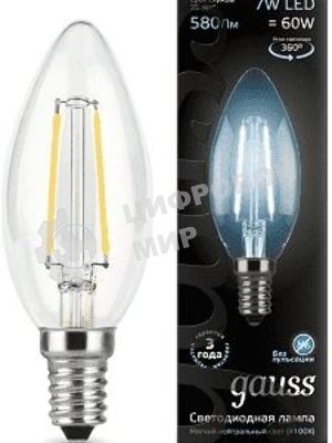 Лампа светодиодная Gauss LED Filament Свеча E14 7W 580lm 4100К 1/10/50