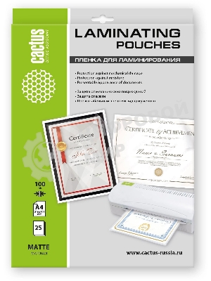 Пленка для ламинирования Cactus 100мкм A4 (25шт) матовая 216x303мм CS-LPMА410025
