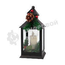 Декоративный фонарь Neon-night со свечкой и шишкой, черный корпус, размер 10,7x10,7x23,5 см, цвет теплый белый