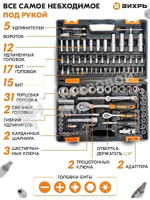 Набор инструментов 1/2дюйм; 1/4дюйм CrV пластик. кейс (94 предм.) Вихрь 73/6/7/5