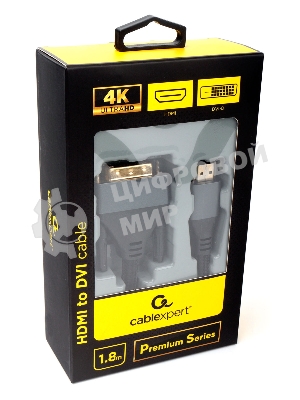 Кабель HDMI-DVI Cablexpert CC-HDMI-DVI-4K-6, 19M/19M, single link, 4K, медь, нейлоновая оплетка, метал.разъемы, 1.8м, черный, коробка