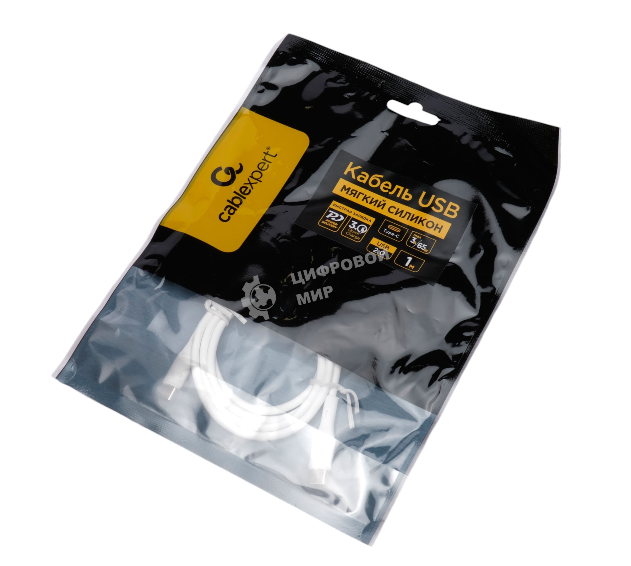 Кабель USB2.0 Cablexpert CC-USB2S-CMCM-1M-W Type-C/Type-C, 3А, 65Вт, PD/QC3.0, силиконовый, 24AWG, медь, 1м, белый, пакет