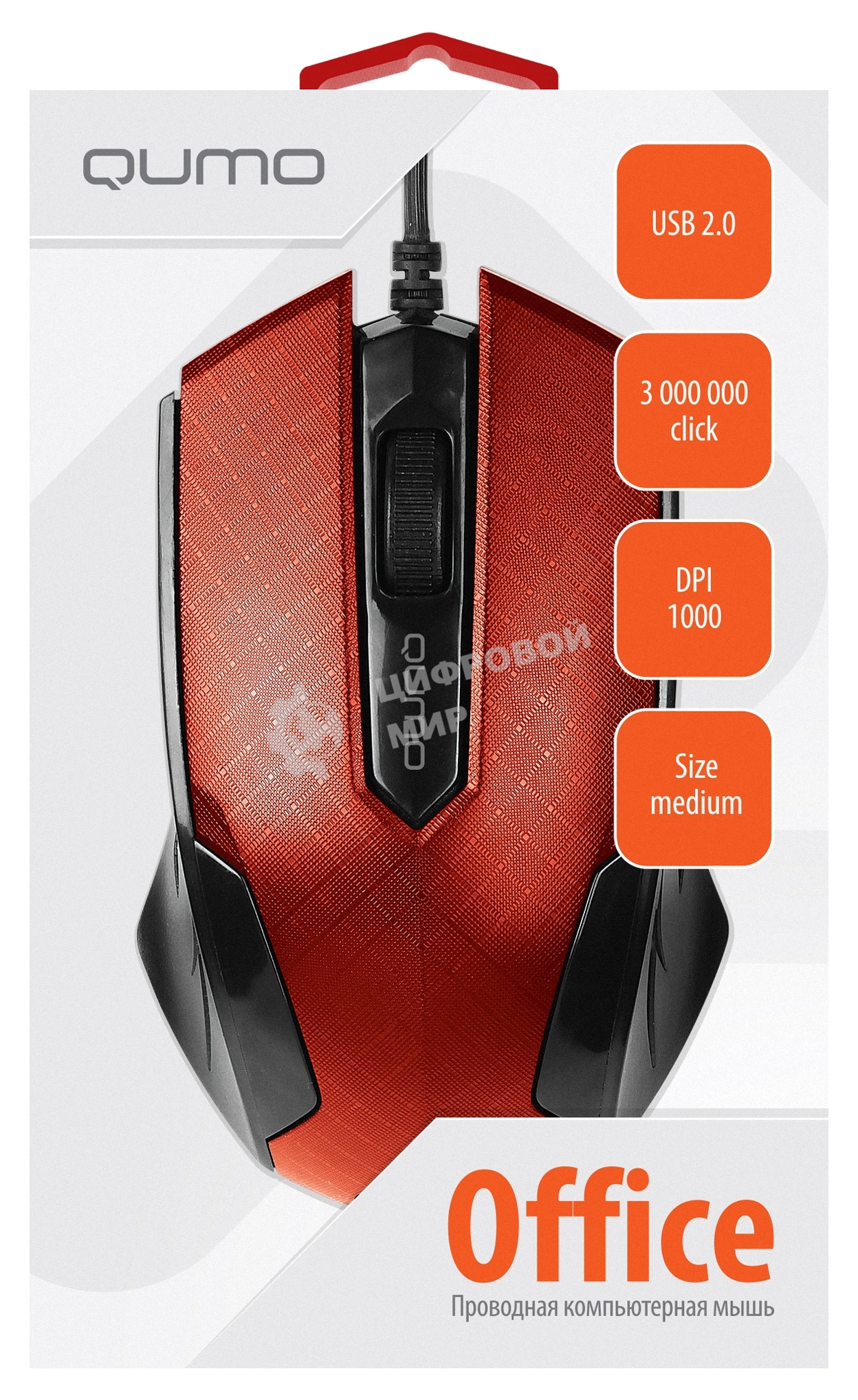 Мышь проводная Qumo Office M14 красный, 1000 dpi, USB, кнопки - 3