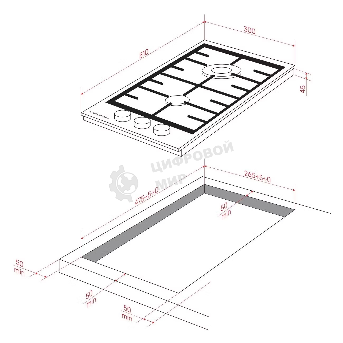 Газовая варочная панель Kuppersberg FG 36 B газ, High-Tech, 30 см, автоматический электроподжиг, газ-контроль, форсунки под сжиженый газ, SABAF конфорки, чугунные решетки, цвет черный, цвет фурнитуры черный