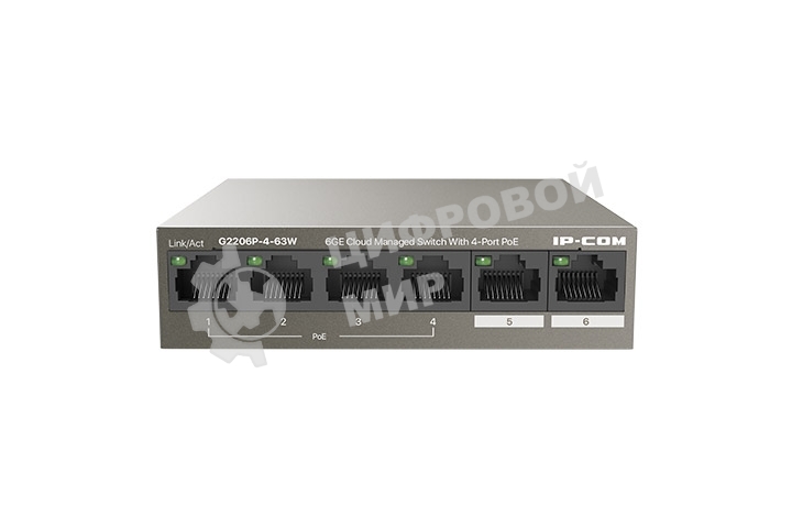 Коммутатор сетевой IP-COM G2206P-4-63W 4x10Base-T/100Base-TX/1000Base-T 2x1000Base-T PoE порты 4 Количество портов PoE+ 4 G2206P-4-63W