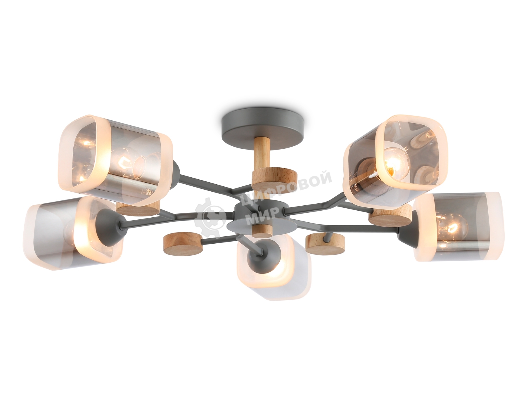 Светильник Ambrella light TR3033233/5 GR/LW/SM серый/светлое дерево/дымчатый E27*5 max 60W D700*180