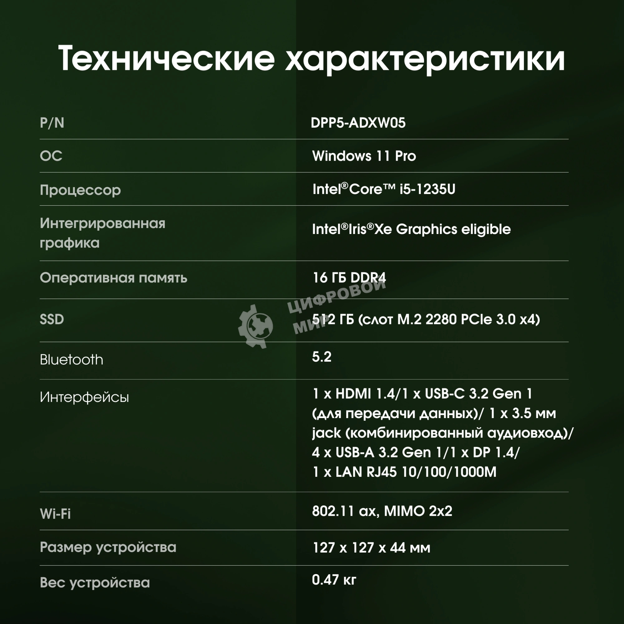 Мини ПК Digma Pro Minimax U1 i5 1235U (1.3) 16Gb SSD 512Gb Iris Xe Win11Pro GbitEth WiFi BT 60W темно-серый/черный (DPP5-ADXW05)
