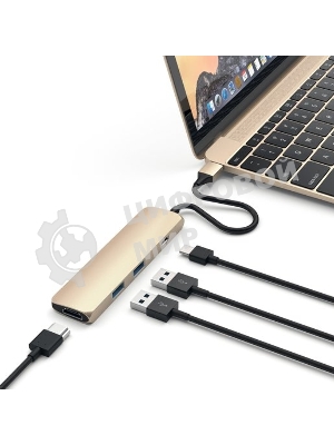 USB-концентратор Satechi Slim Aluminum Type-C Multi-Port Adapter with Type-C Charging Port. Интерфейс USB-C. Порты USB Type-C, 2хUSB 3.0, 4K HDMI. золотой.