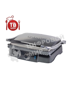 Гриль электрический Galaxy Line GL 2961, черный с серебристым, механическое управление, 2200 Вт, мраморное керамическое покрытие рабочей поверхности, корпус из нержавеющей стали, индикаторы сети и нагрева, регулятор температуры, лопатка и емкости для сбора жидкости