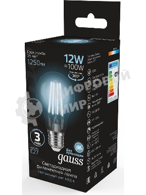 Лампа cветодиодная Gauss Filament А60 12W 1250lm 4100К Е27 LED 1/10/40