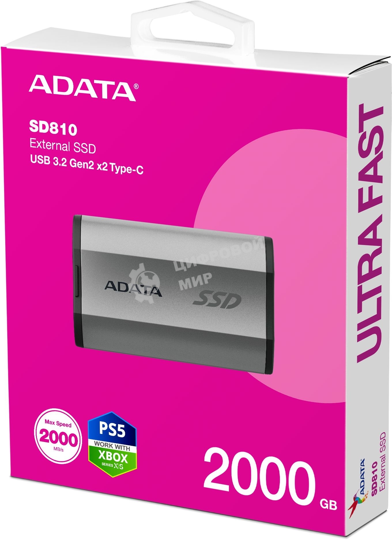 Внешний SSD ADATA SD810, 2TB, USB 3.2 Gen 2x2 Type-C, R/W 2000/2000, серебристый