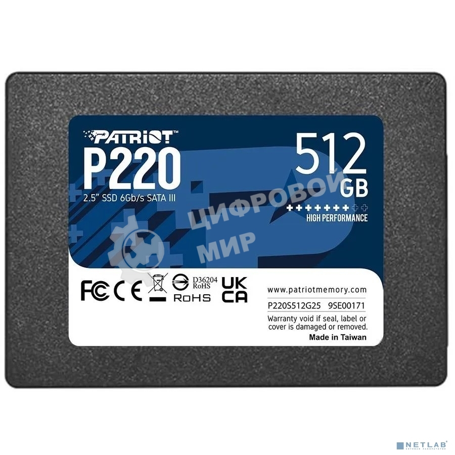 Накопитель SSD Patriot P220, 512Gb, SATA III, 2.5