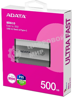 Внешний SSD ADATA SD810, 500 Gb, USB 3.2 Gen 2x2 Type-C, R/W 2000/2000, серебристый