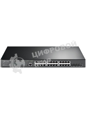 Коммутатор TP-Link 24-port Gigabit Managed PoE switch with 4 10G SFP+ ports, support 802.3af/at PoE, 1 console port, 19-inch rack mount, support L2/L2+ features.