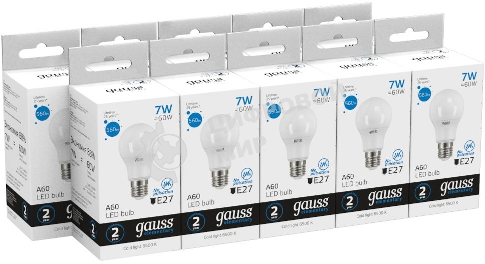 Лампа светодиодная Gauss Elementary 7Вт цок.: E27 груша 220B 6500K св. свеч. белый хол. A60 (упак.: 10 шт)