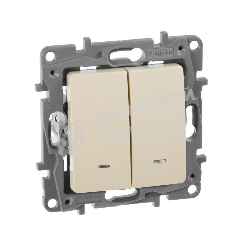 Выключатель 2-клавишный с подсветкой, на винтах, 10АХ, сл. кость