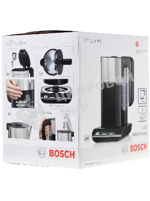 Чайник электрический Bosch TWK8613 черный/серебристый, 1.5 л, 2400 Вт, скрытый нагревательный элемент, поддержание температуры