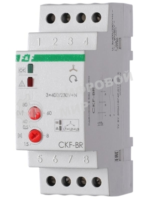 Реле контроля наличия и чередования фаз CKF-BR (монтаж на DIN-рейке 35мм; регулировка порога отключения; регулировка времени отключения; 3х400/230+N 2х8А 1Z 1R IP20) F&F EA04.002.003