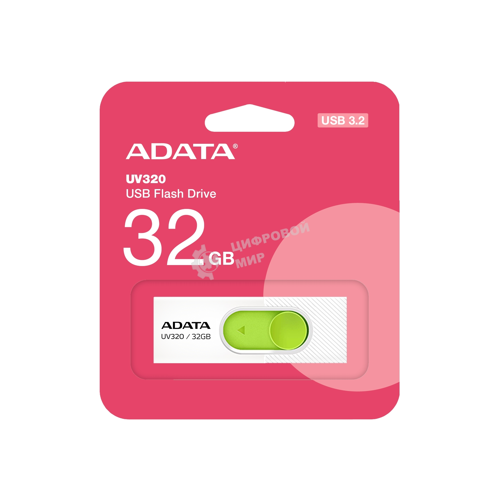 Флешка USB ADATA UV320 (AUV320-32G-RWHGN), 32Gb, USB 3.2, R/W 100/30, белый/зеленый