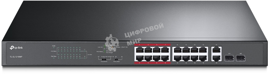 Коммутатор TP-LINK TL-SL1218MP Неуправляемый коммутатор PoE на 16 портов 10/100 Мбит/с и 2 гигабитных порта