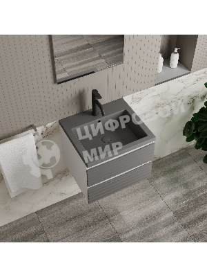 Тумба под раковину Bau Stil Loft grey brushed, раковина кварцевая BAU Stil 50, серый металлик, смеситель Dream Black, черный
