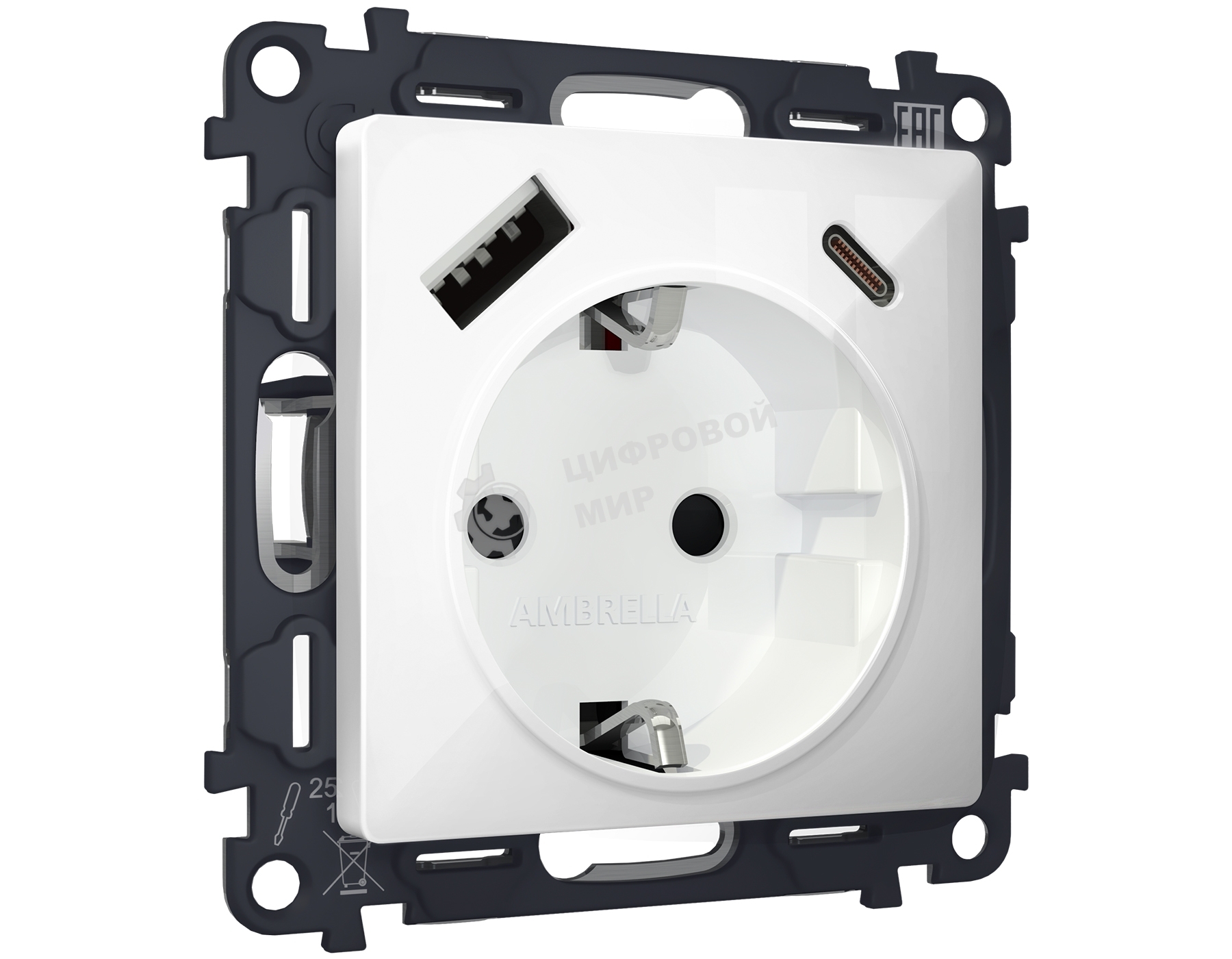 Комплект механизма электрической розетки ALFA Белый глянец 2USB A+C 20W (быстрая зарядка) с/з QUANT (AP1100, VM160) MA110010