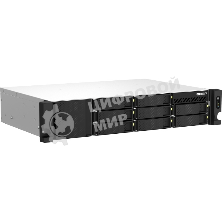 Сетевое хранилище SMB QNAP TS-873AeU-4G NAS 8x3.5/2.5 SATA/SSD trays, 2 x M2 PCIe, 2x 2.5 GbE, 2U rackmount, 1 PSU. AMD Ryzen V1500B 4-core/8-thread 2.2 GHz processor, 4 Gb DDR4 RAM (1*4 Gb) up to 64Gb (2*32 Gb). W/o rail kit RAIL-B02