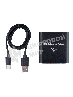 Сплиттер-разветвитель Cablexpert с питанием, 1 порт RJ45 -> 2 порта RJ45 100/1000Mbps, NCA-SP-03, коробка