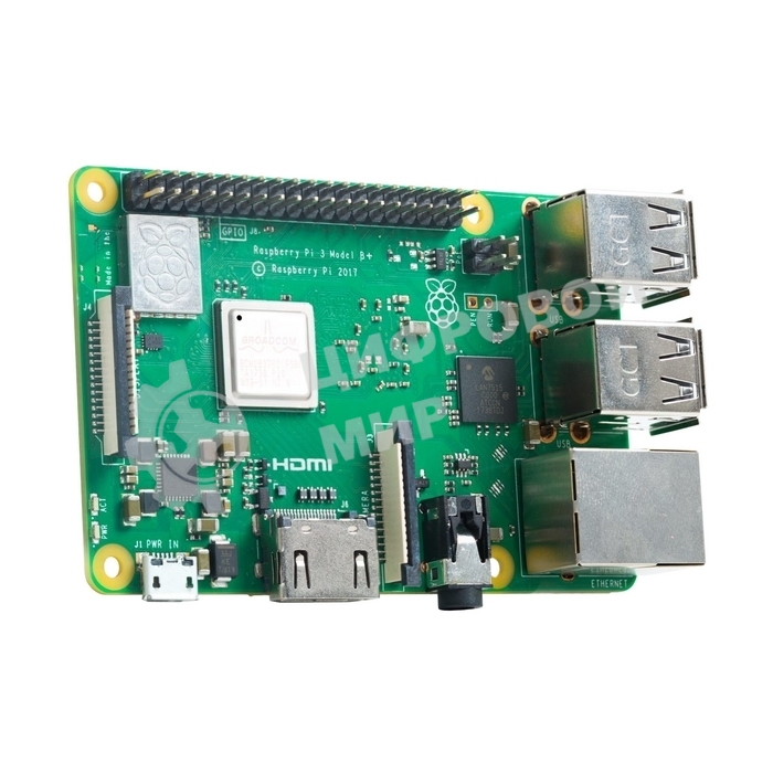 Мини ПК Raspberry Pi 3 Model B+ (RA433, E14 Version) Retail, 1Gb RAM, Cortex-A53 (ARMv8) 64-bit SoC @ 1.4GHz Broadcom BCM2837B0 CPU, WiFi, Bluetooth, 40-pin extended GPIO, 4x USB 2.0, HDMI, CSI camera port, DSI displ.port, MicroSD port (137-3331), (БП и к