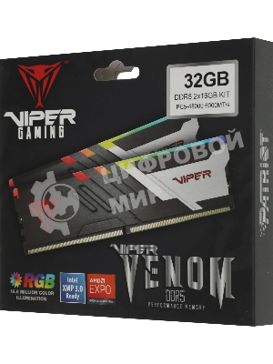 Оперативная память Patriot Viper Venom, DDR5, 32Gb (2x16Gb), 6000MHz, CL30, DIMM, с радиаторами, RGb, черный