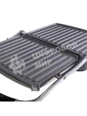 Гриль электрический Galaxy Line GL 2961, черный с серебристым, механическое управление, 2200 Вт, мраморное керамическое покрытие рабочей поверхности, корпус из нержавеющей стали, индикаторы сети и нагрева, регулятор температуры, лопатка и емкости для сбора жидкости