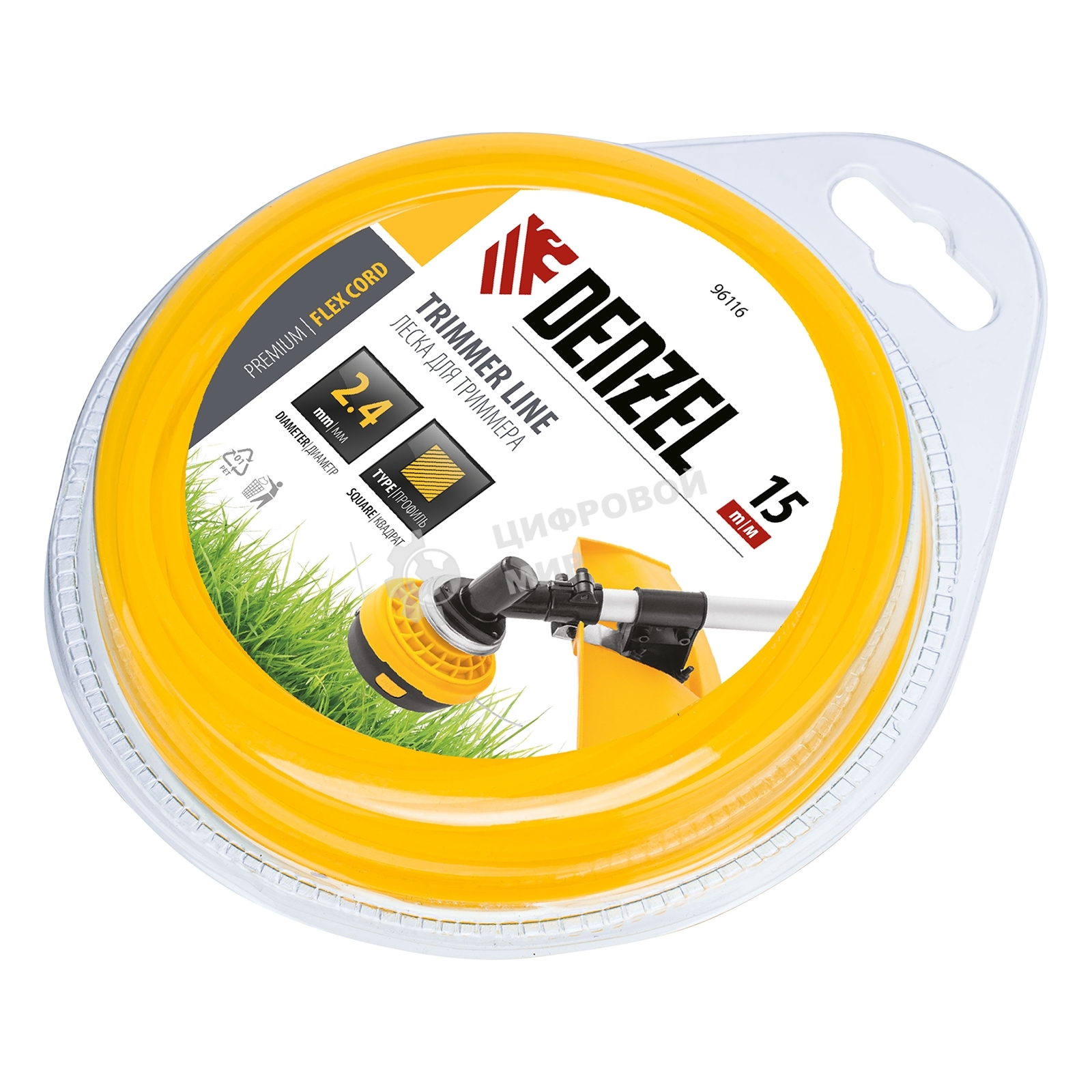 Леска для триммера Denzel квадрат 2,4 мм х 15 м, блистер FLEX CORD 96116