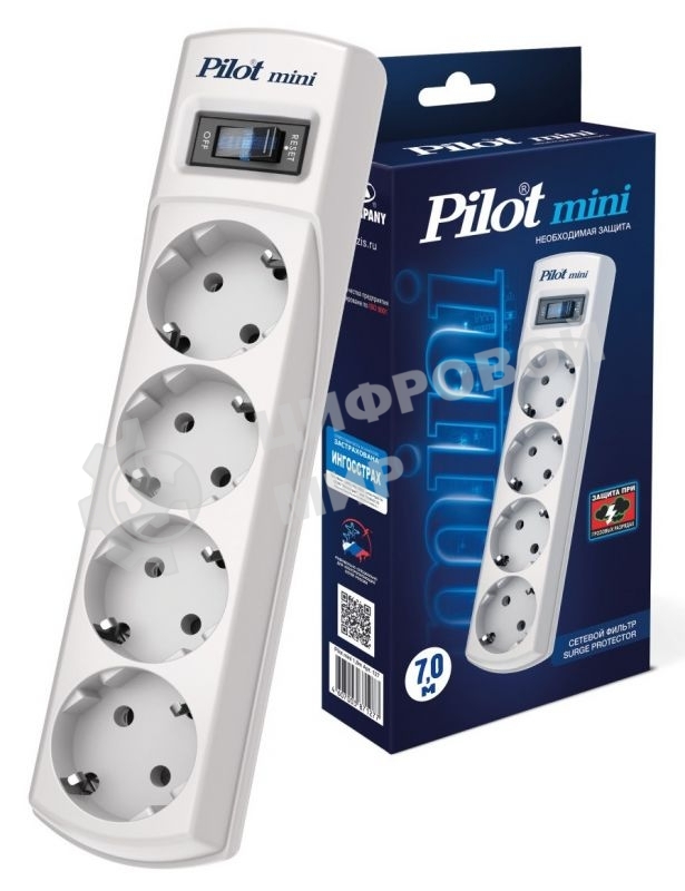 Сетевой фильтр Pilot mini 7 м, 4 розетки, белый, коробка