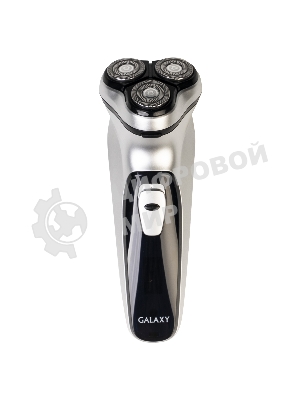 Электробритва Galaxy Line GL 4209, серебряный с черным, роторная, аккумуляторная, 5 Вт, Li-Ion аккумулятор емкостью 600 мА*ч, время непрерывной работы до 1,5 ч, ножи из нержавеющей стали, 3 независимые плавающие головки, возможность промывки бреющего блока, индикатор заряда и работы, встроенный триммер для подравнивания висков, USB зарядка