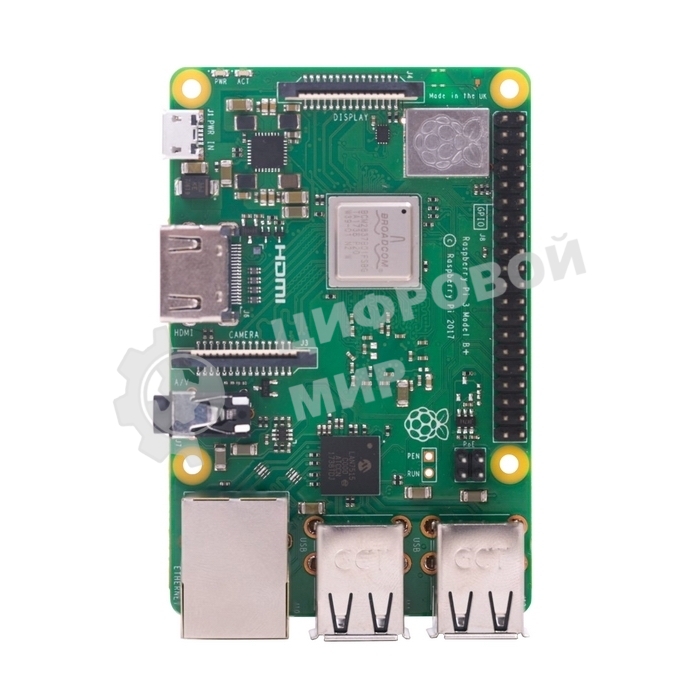 Мини ПК Raspberry Pi 3 Model B+ (RA433, E14 Version) Retail, 1Gb RAM, Cortex-A53 (ARMv8) 64-bit SoC @ 1.4GHz Broadcom BCM2837B0 CPU, WiFi, Bluetooth, 40-pin extended GPIO, 4x USB 2.0, HDMI, CSI camera port, DSI displ.port, MicroSD port (137-3331), (БП и к