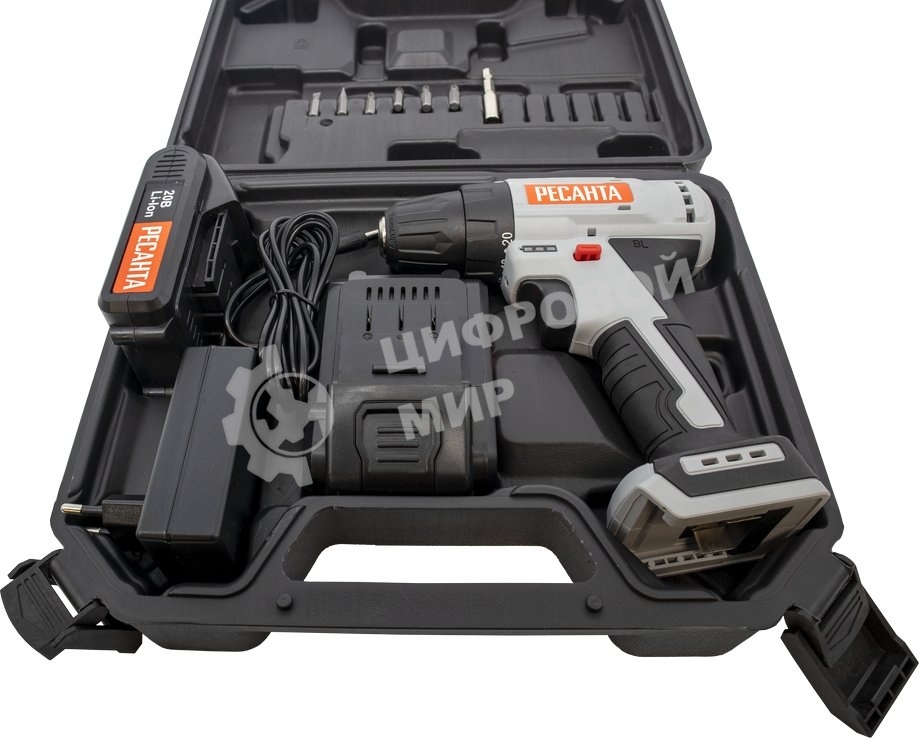 Дрель-шуруповерт аккумуляторная Ресанта ДА-20-2ЛК-Б 75/14/10, Аккумуляторная, 20В, 2 АКБ, Кейс
