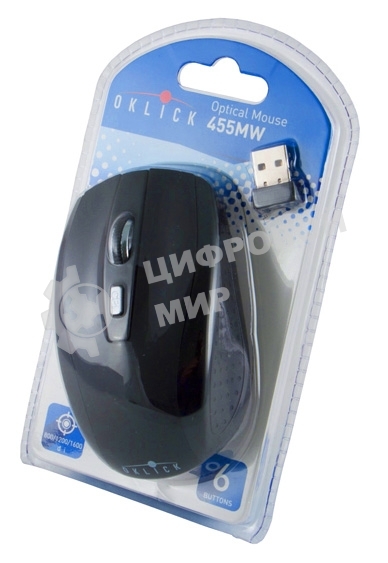 Мышь беспроводная Oklick 455MW черный, 1600 dpi, радиоканал, USB, кнопки - 6