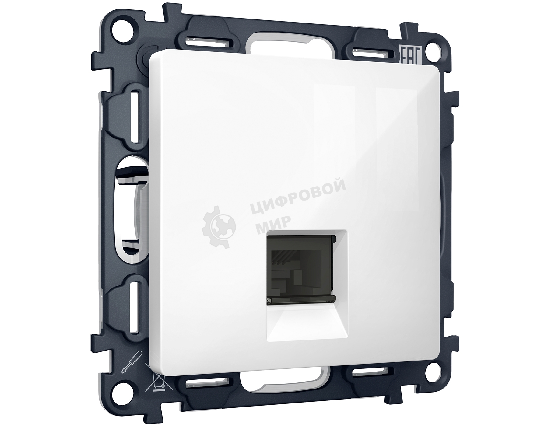 Комплект механизма компьютерной розетки RJ-45 экранированной с автоматической защитной шторкой ALFA Белый глянец QUANT (AP1120, VM185) MA112005
