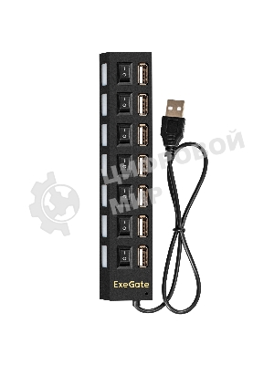 USB-концентратор ExeGate EX293978RUS DUB-72SW (кабель-адаптер USB2.0 --> 7xUSB2.0, кнопки включения/отключения для каждого порта, Plug&Play, черный)