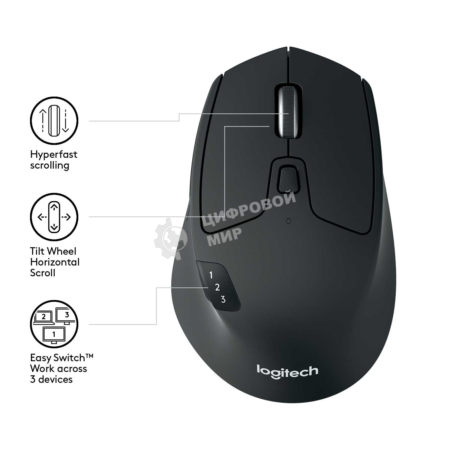 Мышь беспроводная Logitech M720 Triathlon черный, 1000 dpi, радиоканал, Bluetooth, USB, кнопки - 8