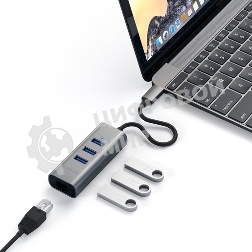 USB-концентратор Satechi Type-C 2-in-1 USB 3.0 Aluminum 3 Port Hub and Ethernet Port. Интерфейс Type-C. серый космос.