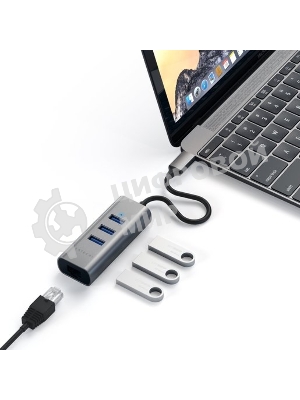 USB-концентратор Satechi Type-C 2-in-1 USB 3.0 Aluminum 3 Port Hub and Ethernet Port. Интерфейс Type-C. серый космос.