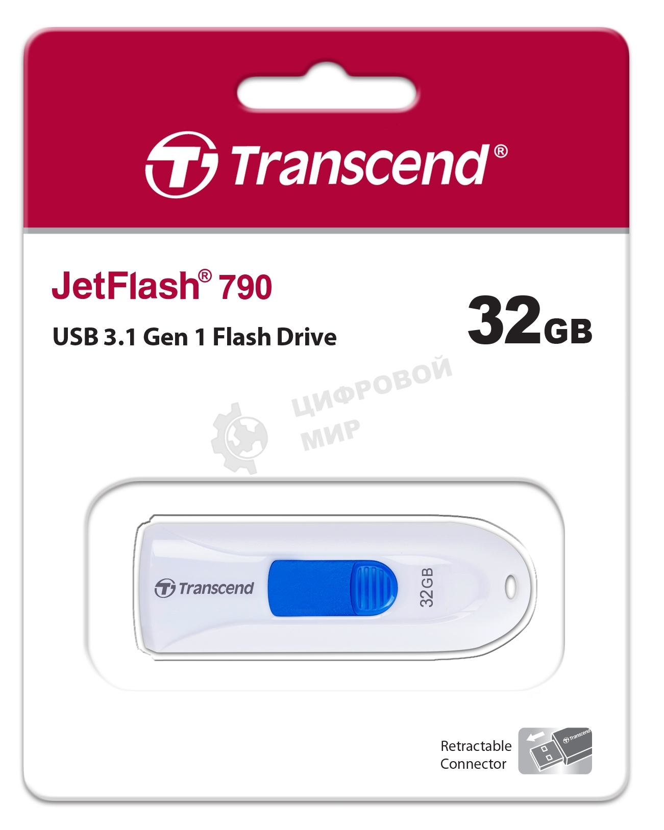 Флешка USB Transcend JetFlash 790 (TS32GJF790W), 32Gb, USB 3.0, R/W 90/40, белый/синий