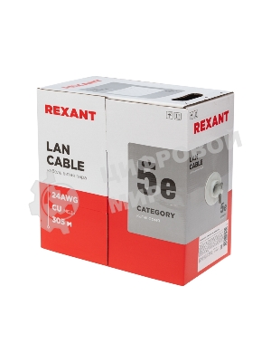 Кабель витая пара Rexant U/UTP, cat.5e, ZH нг(А)-HF, 4PR, 24AWG, внутренний, серый, 305 м