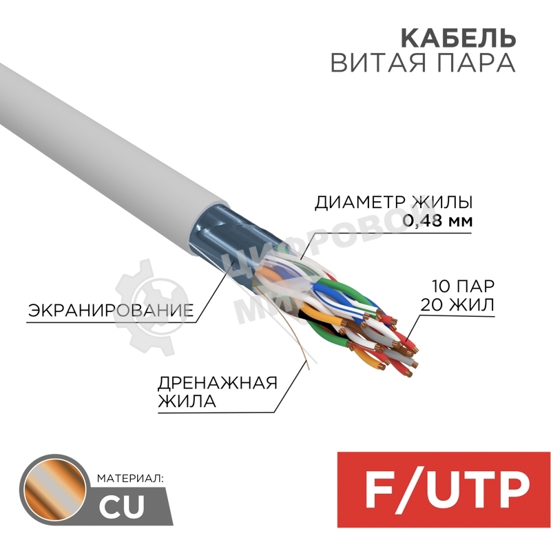 Кабель витая пара Rexant F/UTP, cat.5e, PVC, 10PR, 24AWG, INDOOR, SOLID, серый, 305м