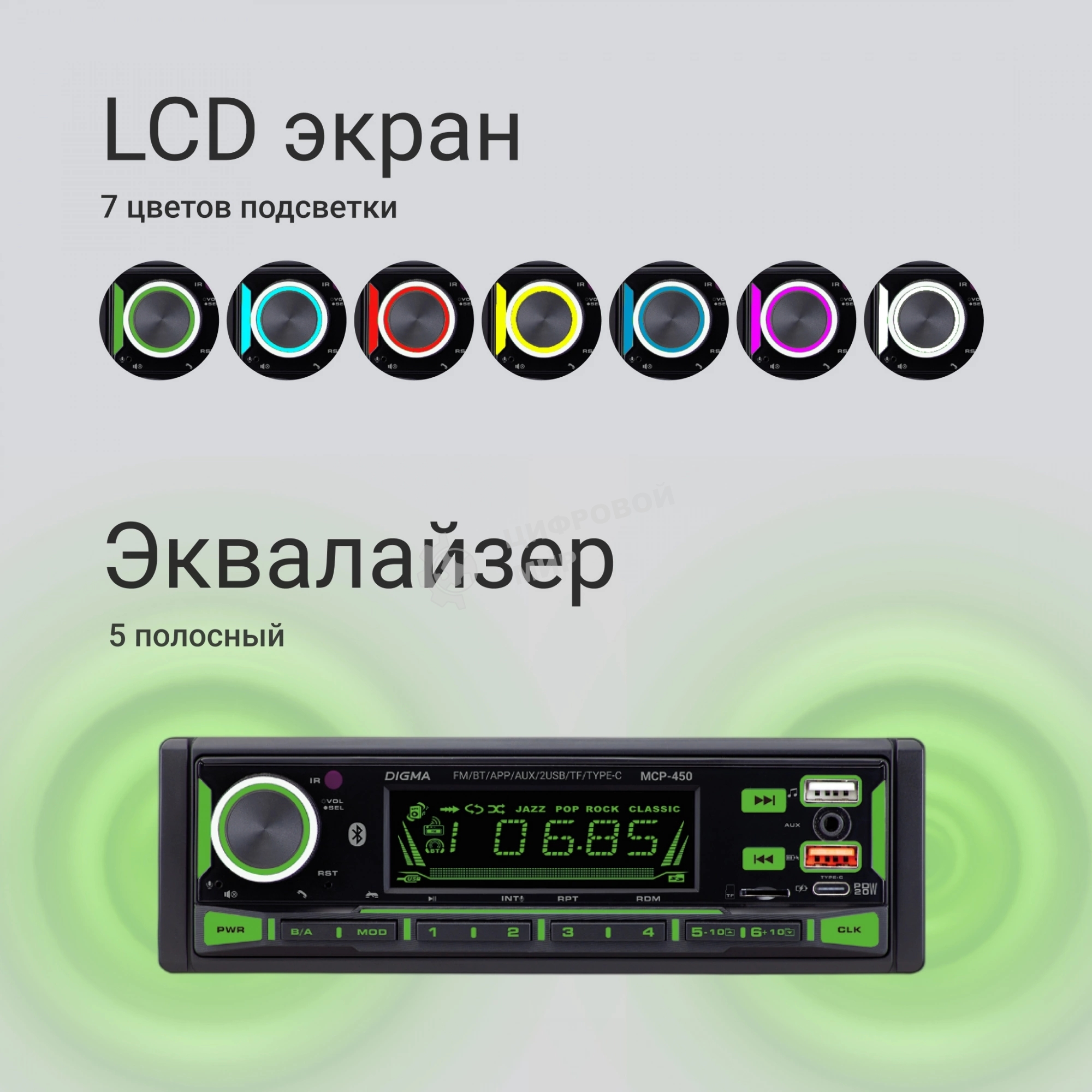 Автомагнитола Digma MCP-450 1DIN 4x45Вт v5.0 USB 2.0 AUX 4 ПДУ