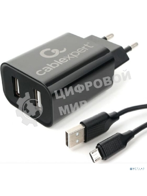 Сетевое зарядное устройство Cablexpert MP3A-PC-35 USB 2 порта, 2.4A, черный + кабель 1м micro