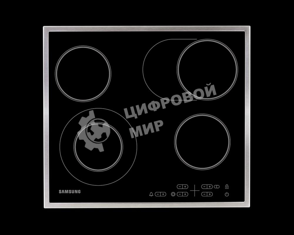 Встраиваемая электрическая панель Samsung NZ64T3516CK/WT, 575x505x55 мм, стеклокерамика, 4 конфорки, рамка - нержавеющая сталь,сенсорное управление, светодиодный LED-дисплей, защита от детей, черный