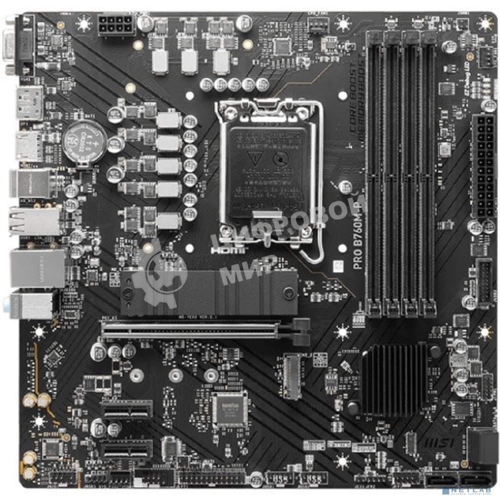 Материнская плата MSI PRO B760M-P DDR5, LGA 1700, Intel B760, 4xDDR5, 4xSATA, 2xM.2, 1xPCIe 4.0 x16, 2xPCIe 3.0 x1, 1xHDMI, 1xDP, 1xVGA, 1x1Gb LAN, 4xUSB-A 2.0, 1xUSB-A 3.2 Gen 1, 1xUSB-C 3.2 Gen 2, 3x3.5 мм, 7.1, mATX